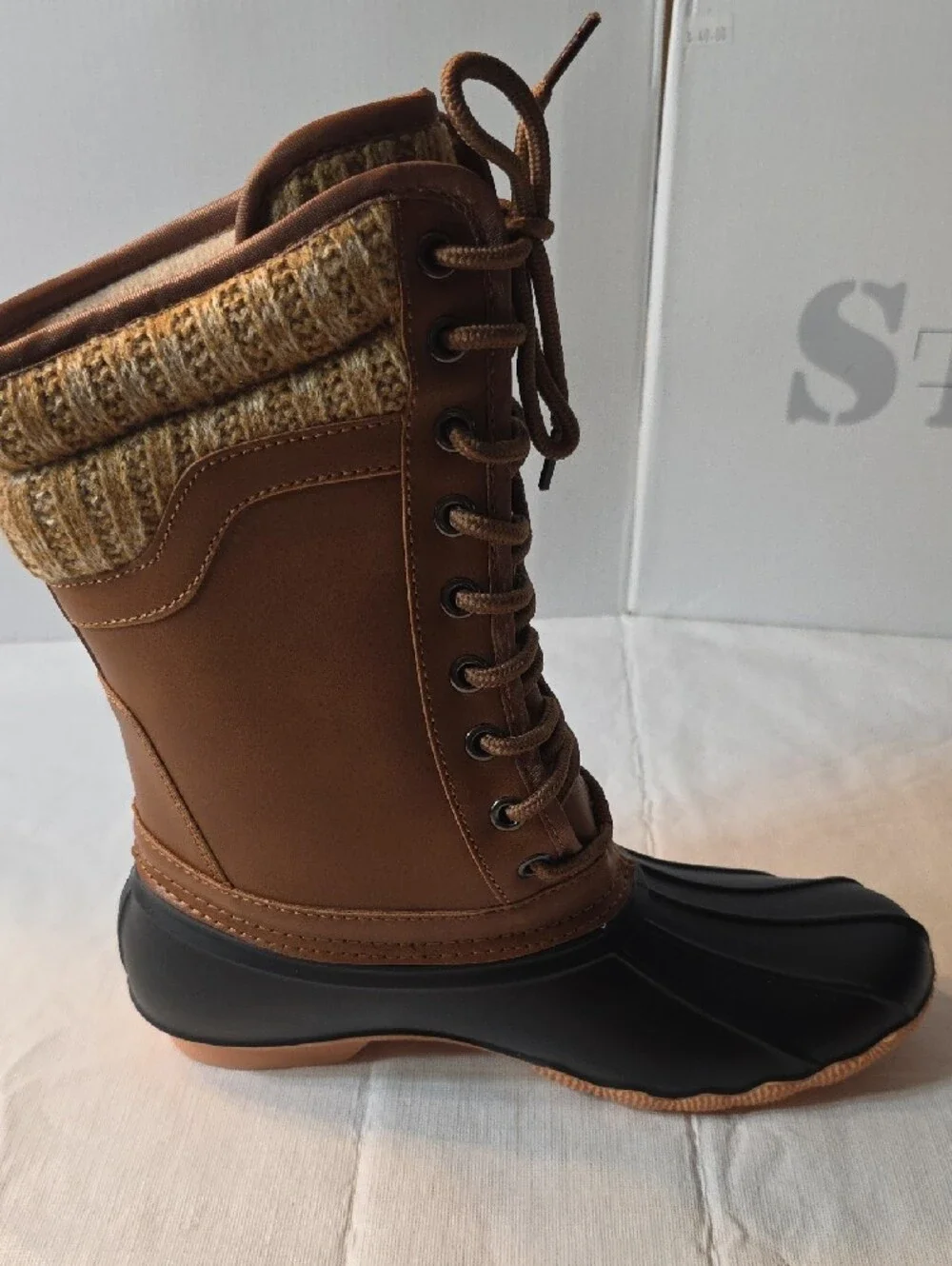 Women's Cognac and Black Insulated Lace-Up Winter/Rain Duck Boots